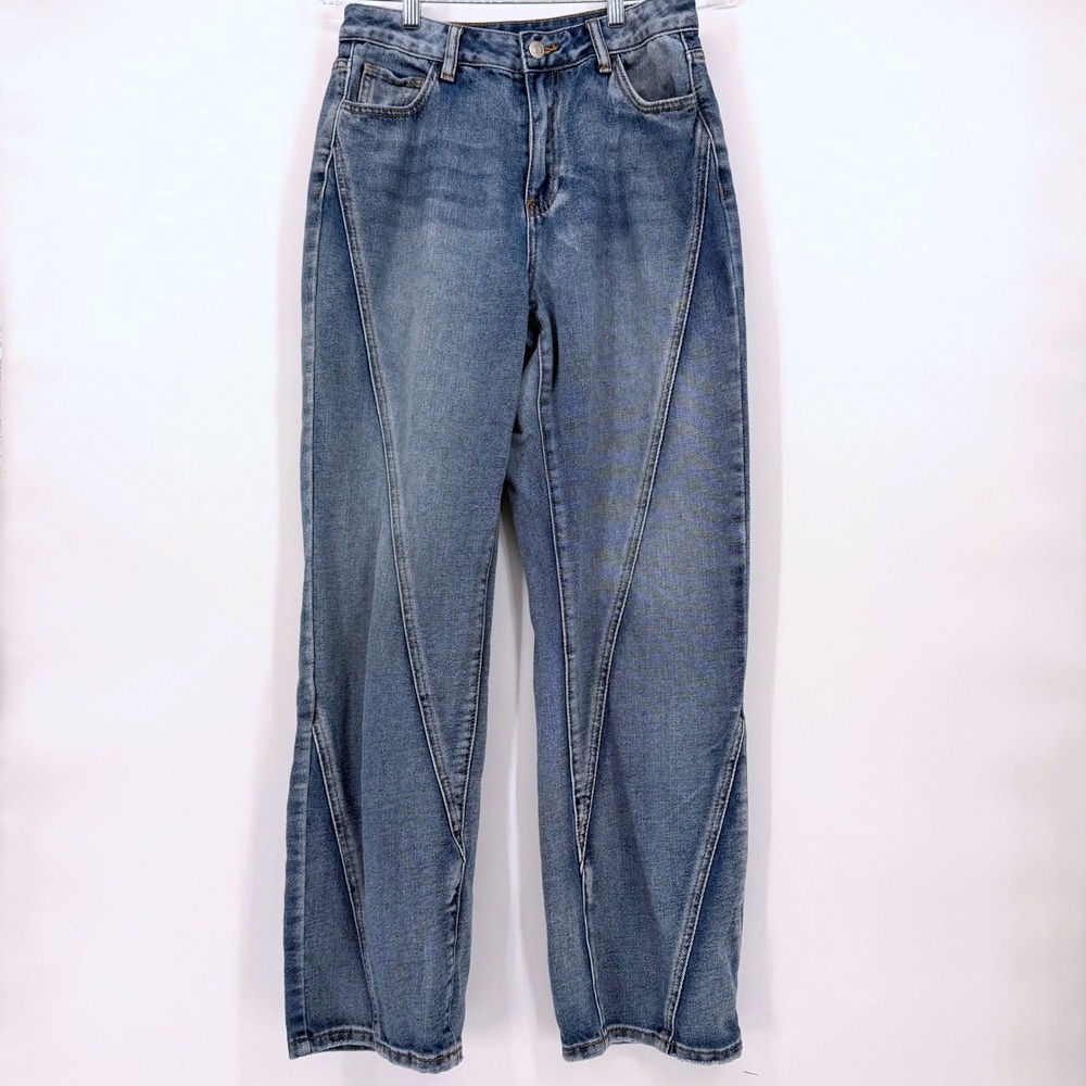 Womens Patchwork Seam Medium Wash Wide Leg Jeans High Rise Blue 28x28